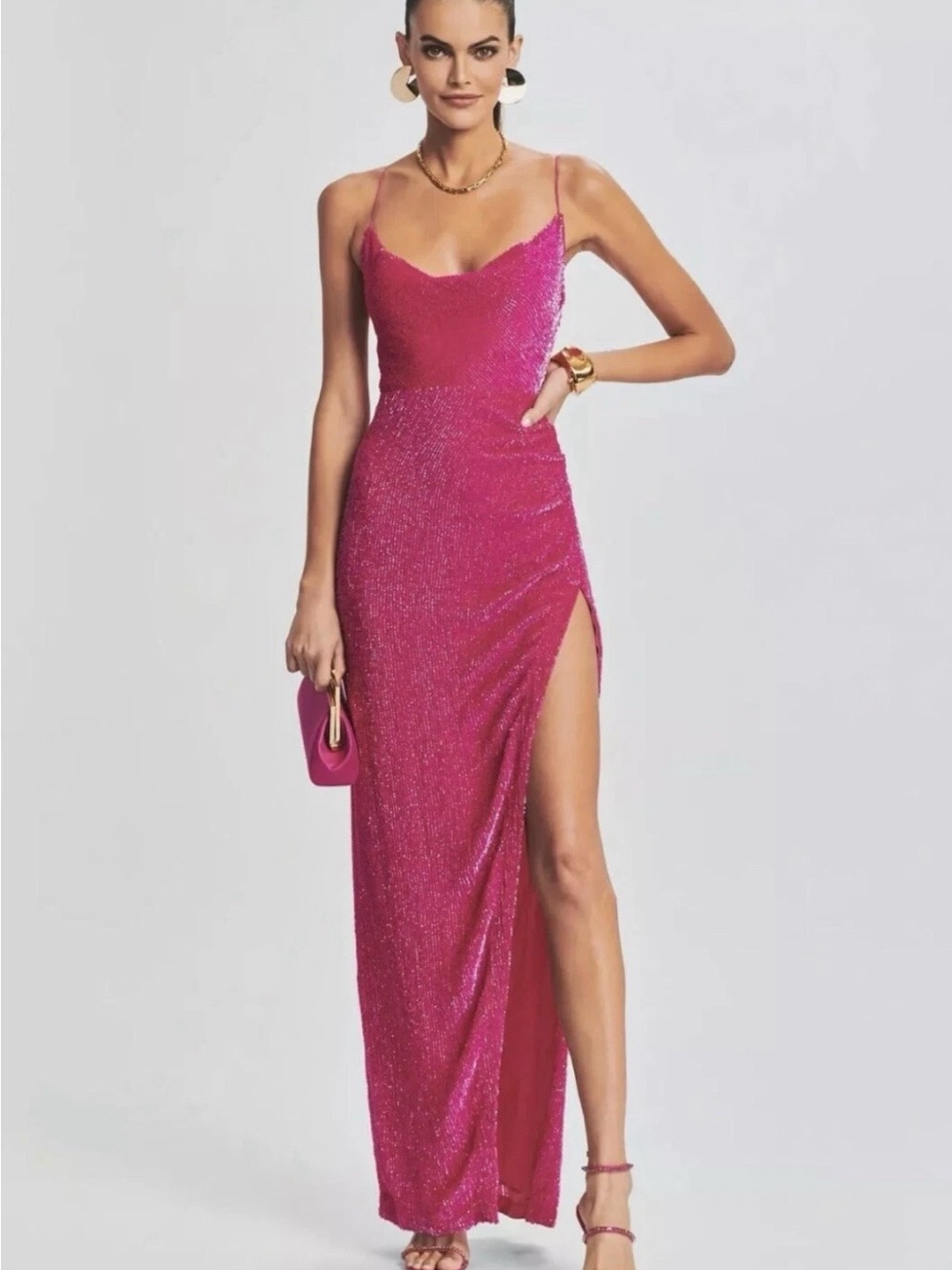 Retrofete Fuchsia Sparkle Cowl-Neck Maxi Dress Size Small